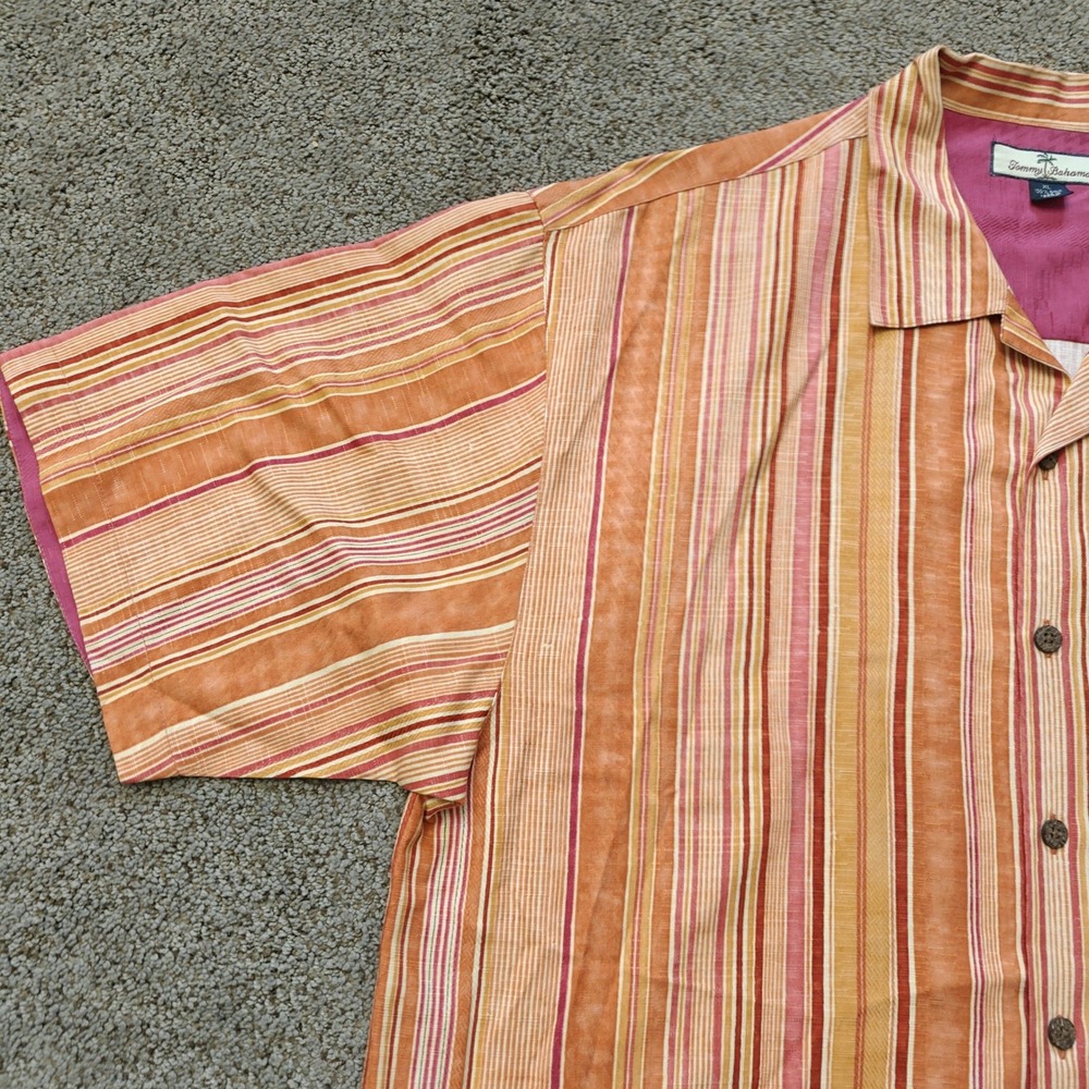 Tommy Bahama Mens XL Silk Camp Shirt Orange Pink Striped Short Sleeve Button Up - Picture 8 of 12